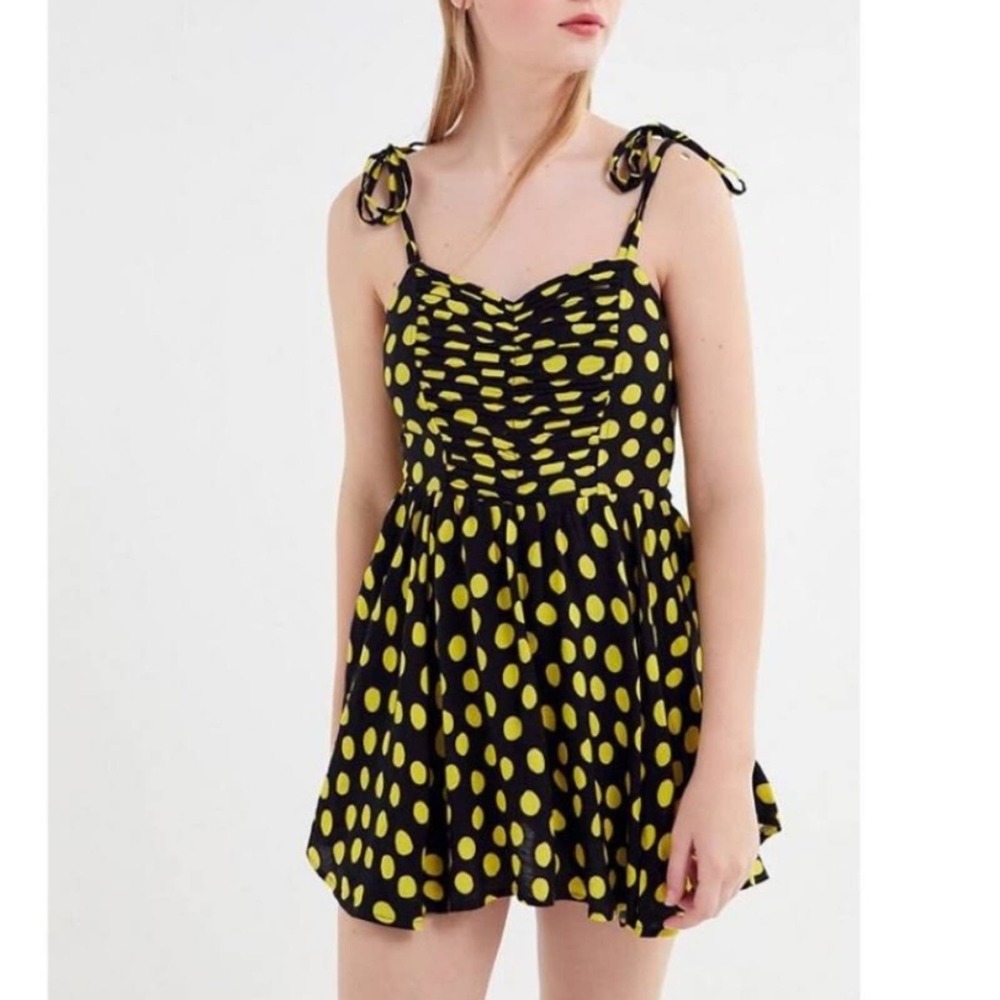 Urban Outfitters Ronnie Black Yellow Polka Dot Ruched Handkerchief Romper Dress